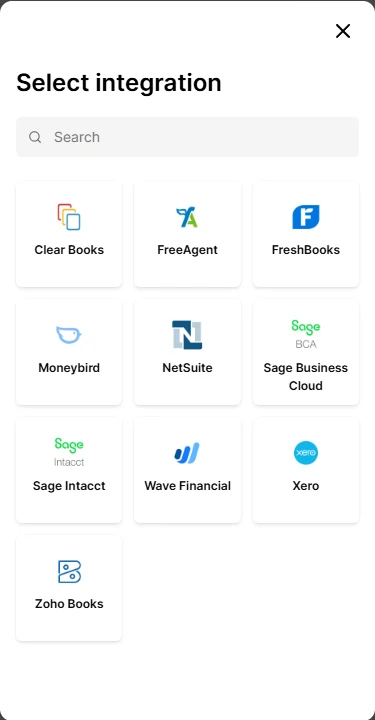The connect window in Settings → Accounting export: Clear Books, FreeAgent, FreshBooks, Moneybird, NetSuite, Sage Business Cloud, Sage Intacct, Wave Financial, Xero and Zoho Books