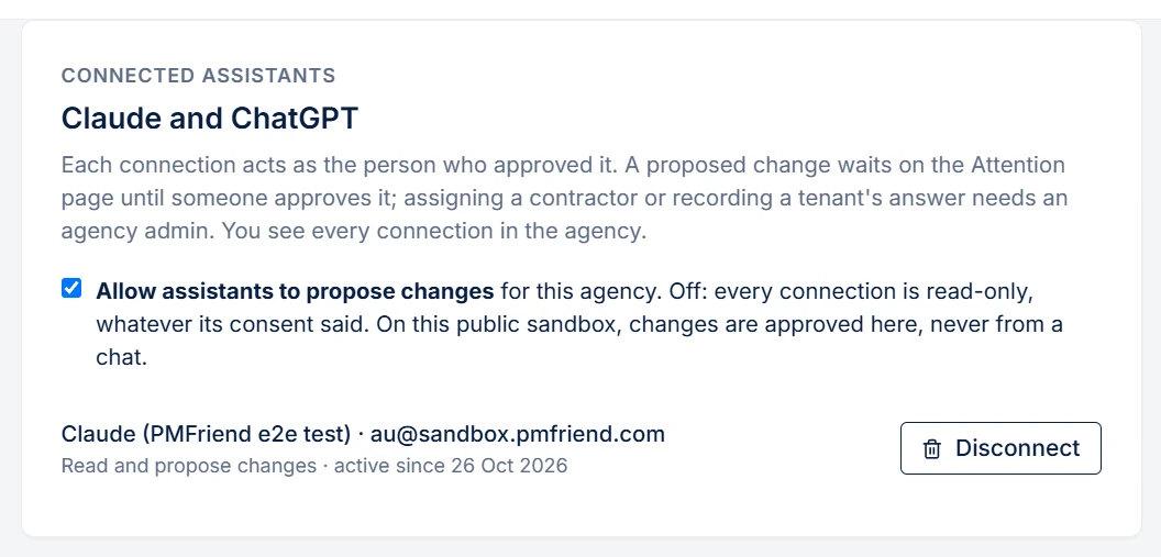 Settings → Connected assistants: the agency switch and one Claude connection with Disconnect