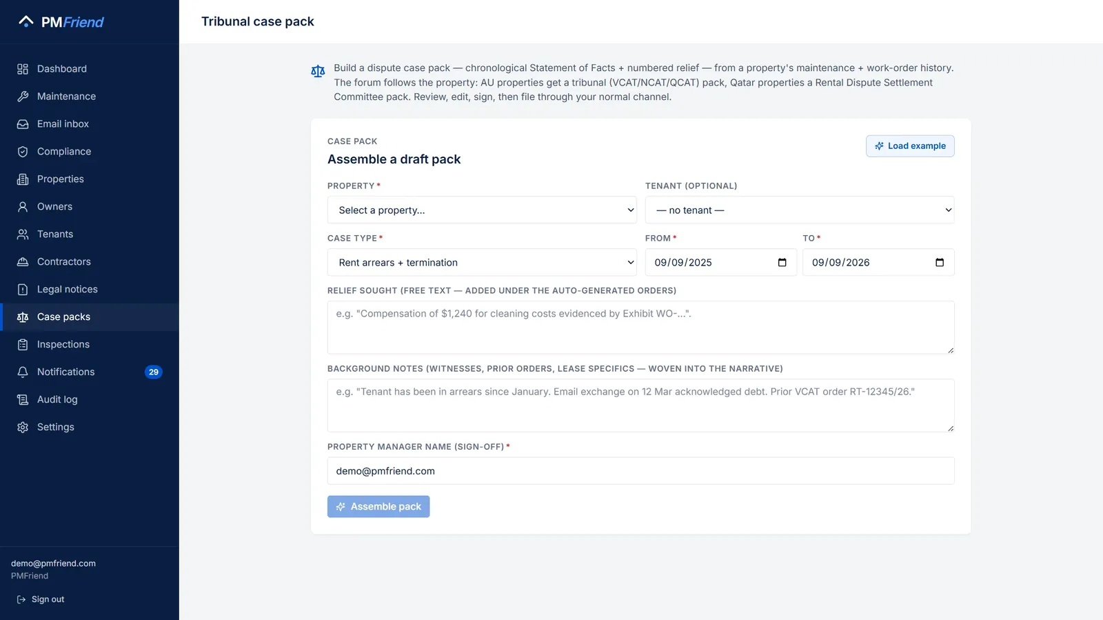 The Case packs page — pick a property, date window, and case type; the pack assembles itself