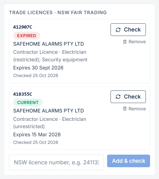 Two NSW licences on one contractor: one expired, one current