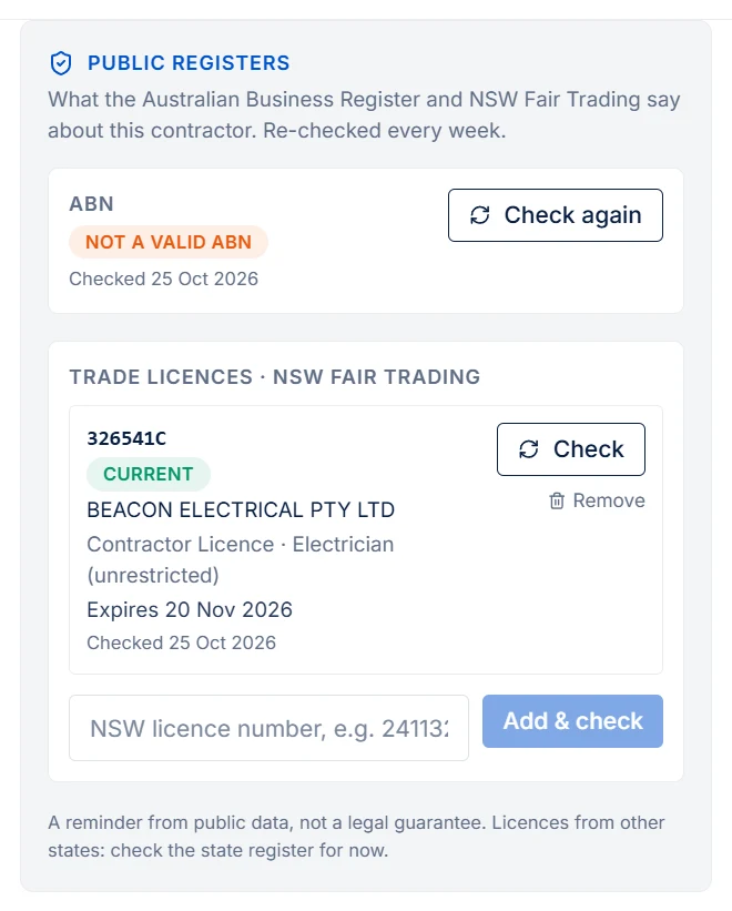 Public registers on a contractor: the ABN result and an NSW trade licence that is current, with its holder, classes and expiry