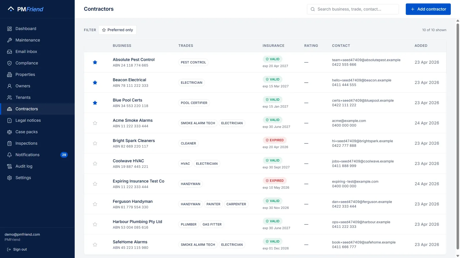 The Contractors page — trades, insurance expiry, and preferred status per contractor