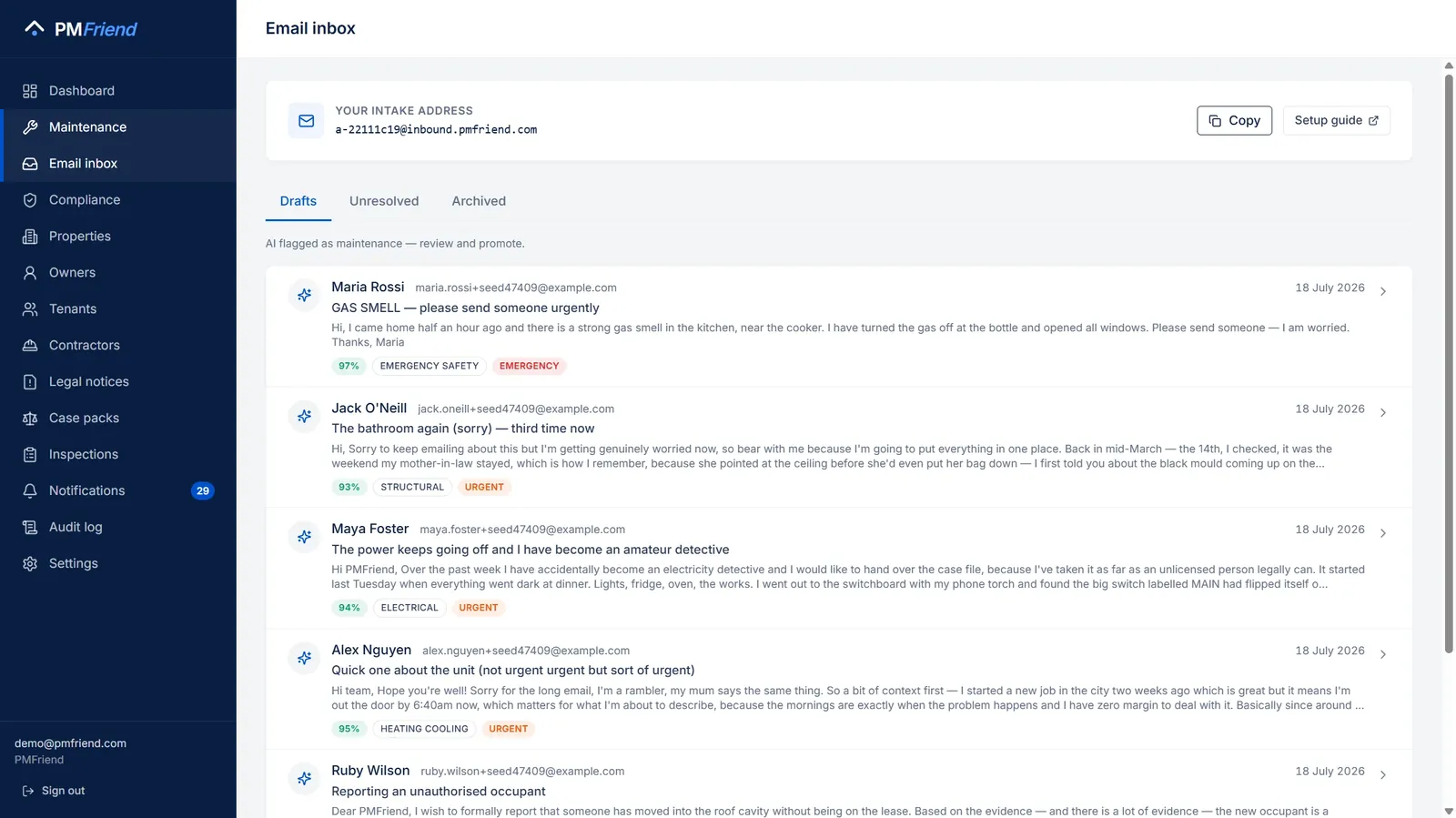 The email inbox — tenant emails already classified and linked to maintenance drafts