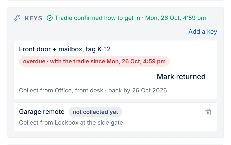 The job card's Keys panel: the tradie confirmed how to get in, one key overdue with Mark returned, one not collected yet