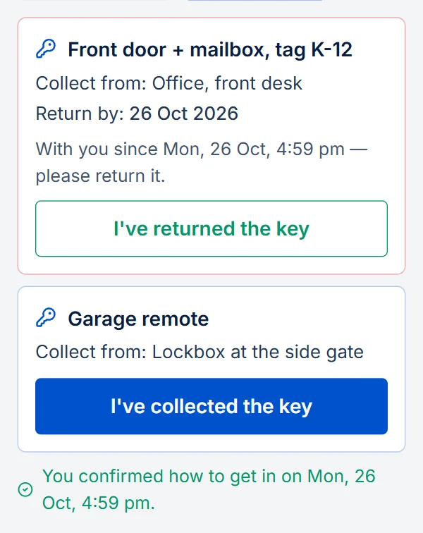 The tradie's job link on a phone: a key they have (overdue, "please return it", I've returned the key), a key to collect, and their confirmation that they read how to get in