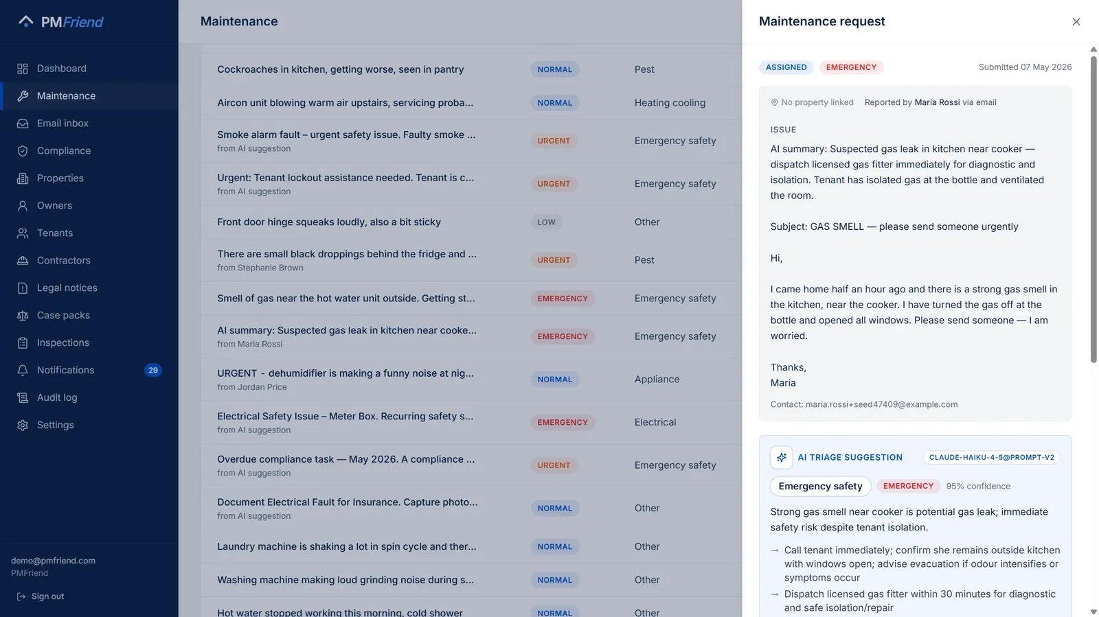 A request opened — the AI triage suggestion with category, urgency, confidence, and recommended next steps