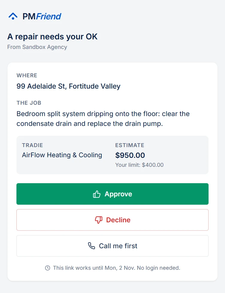 The owner's approval page on a phone: the address, the job, the tradie, the estimate against their limit, and three answers