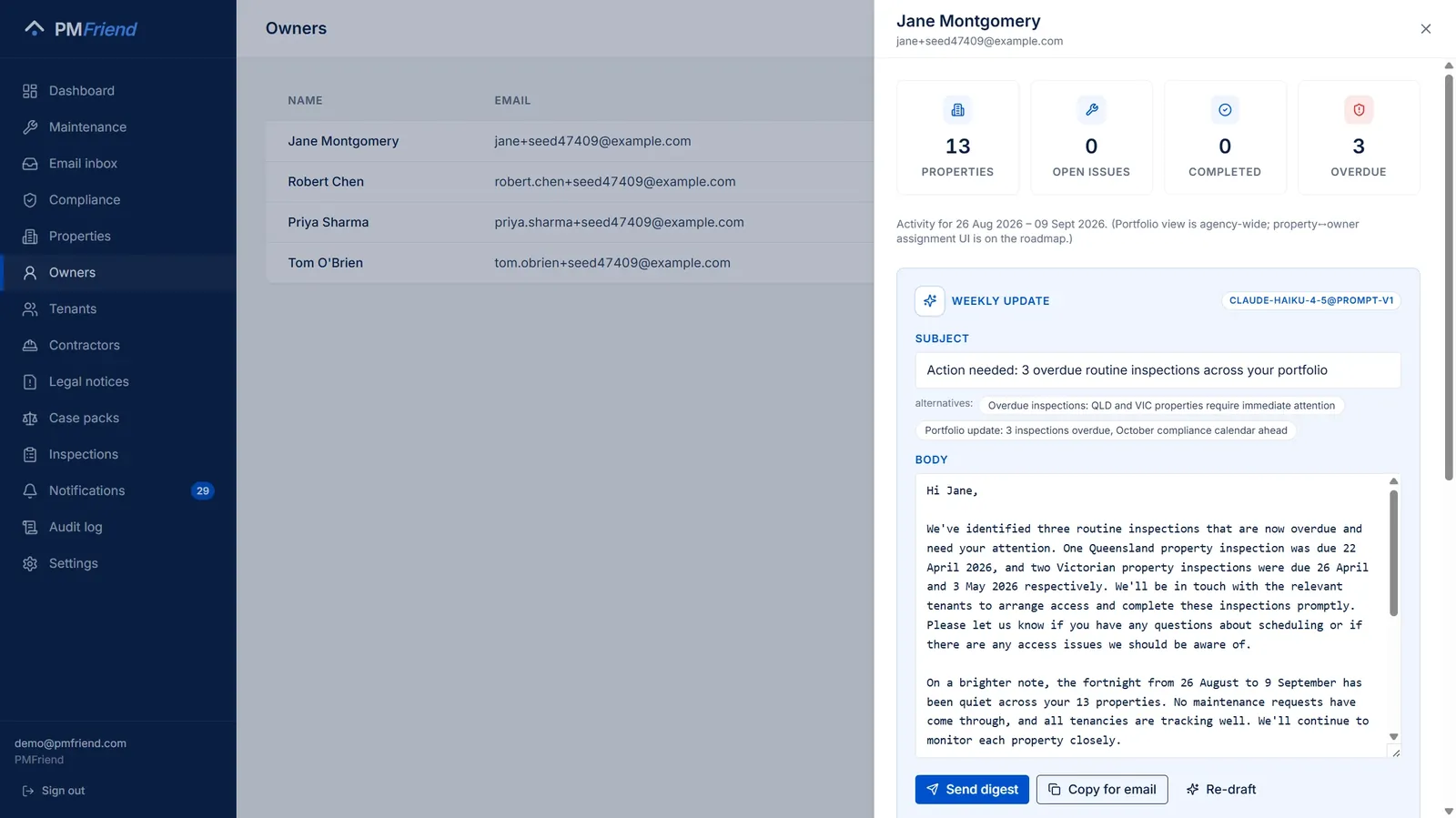 A drafted owner update — subject with alternatives and a warm plain-English body, ready to edit and send
