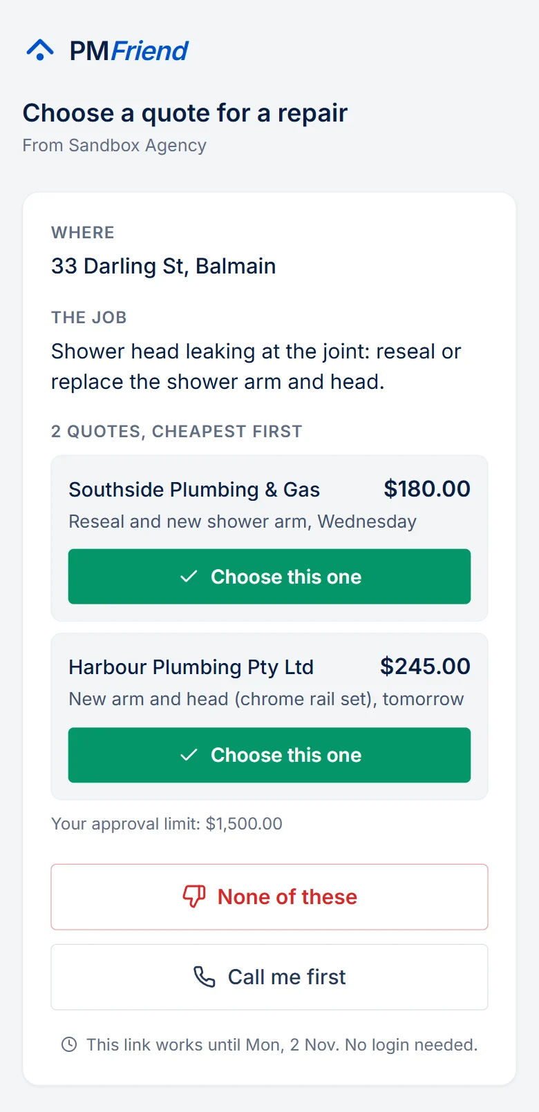 The owner's page on a phone: the job, two quotes cheapest first with "Choose this one", their limit, "None of these" and "Call me first"