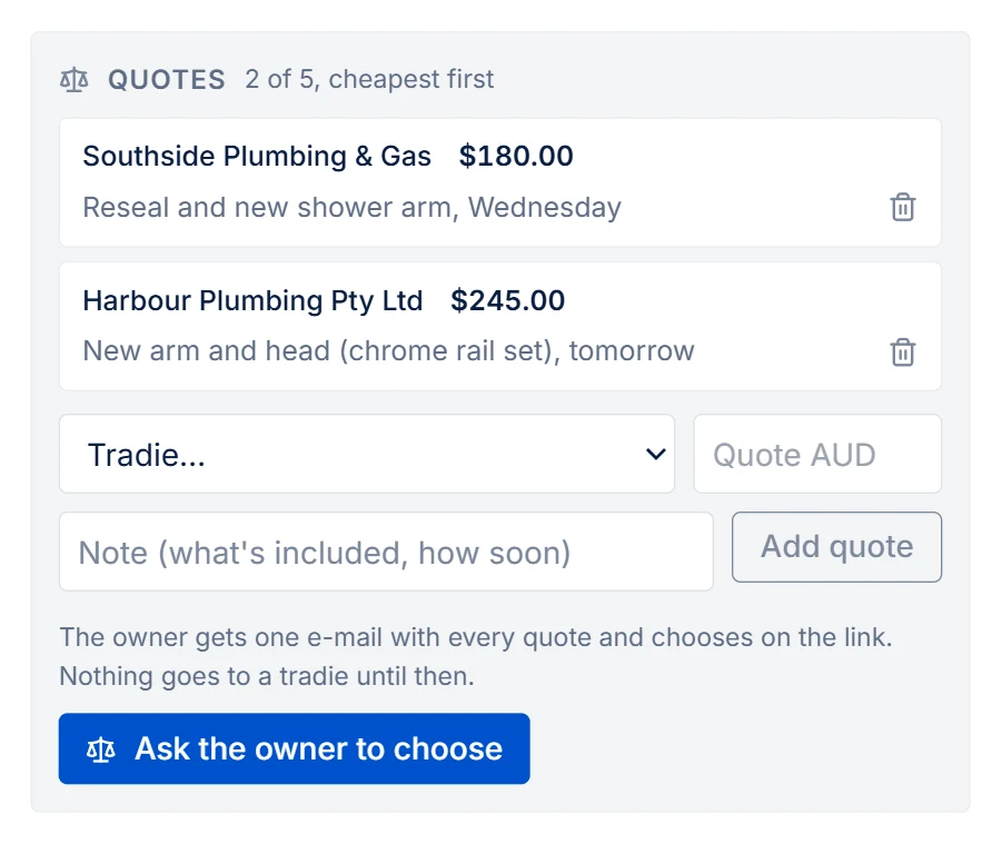 Quotes on a draft job: two tradies with their prices and notes, the form to add another, and "Ask the owner to choose"