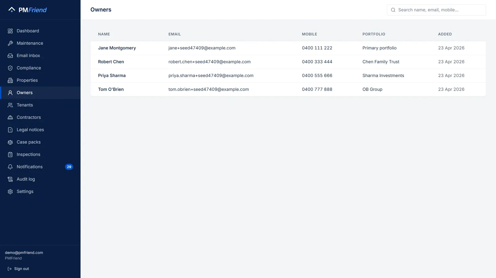 The Owners page — every owner with their properties and digest history in one place