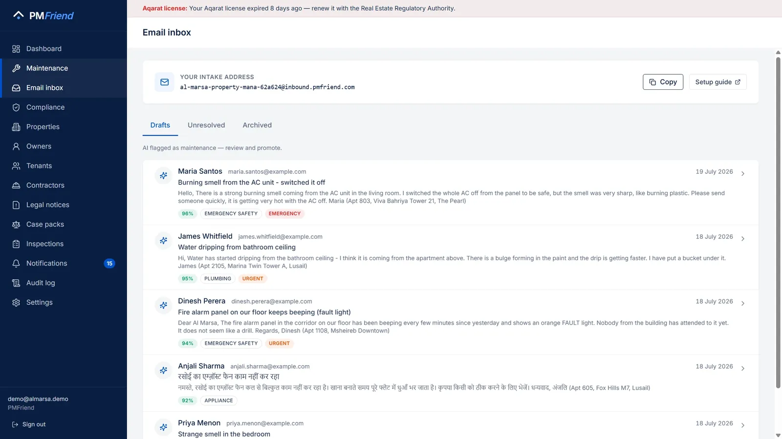 The unified inbox — WhatsApp messages and emails land in the same classified queue