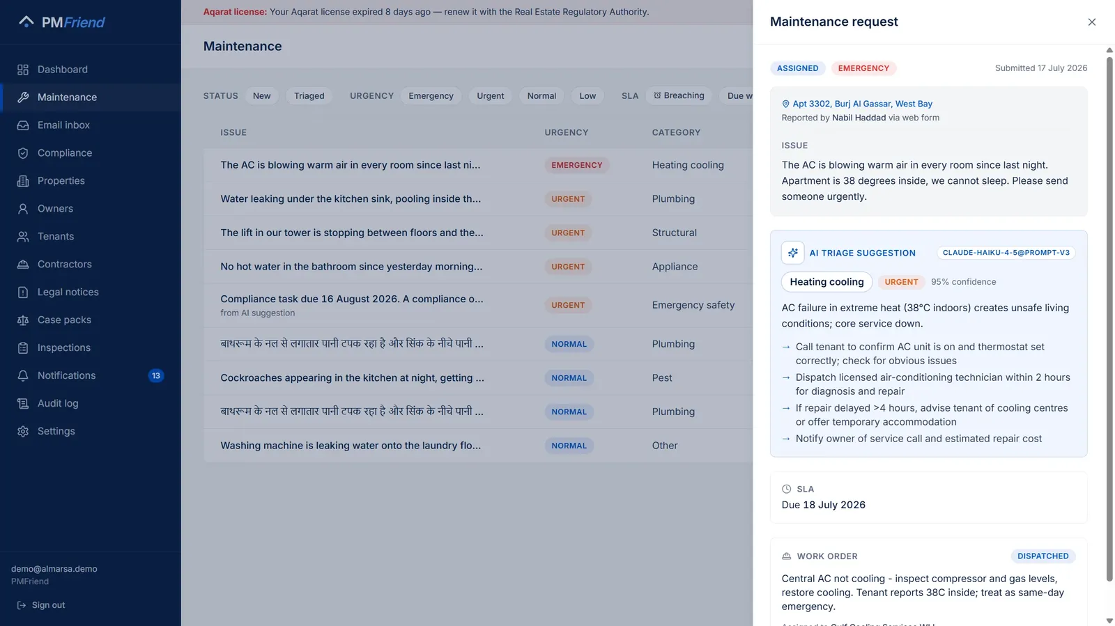 The Doha maintenance queue — a tenant request submitted in Hindi, triaged like any other