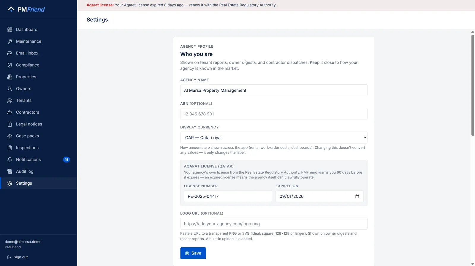 Settings — the agency's Aqarat license number and expiry, and the QAR display currency