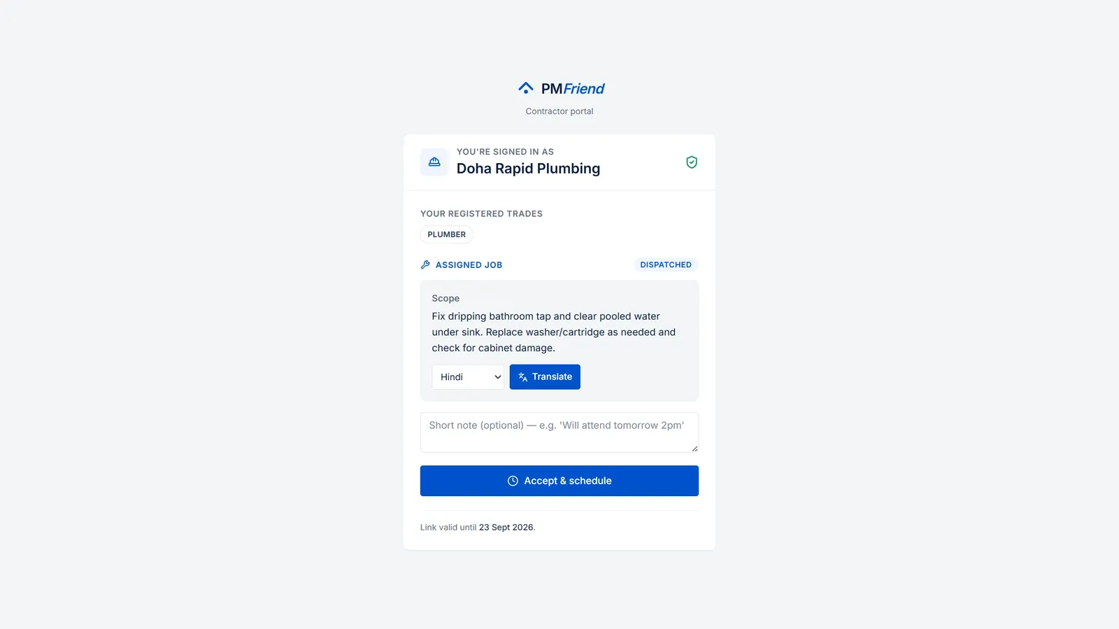 The worker's job page — the scope in English with a language selector and Translate button