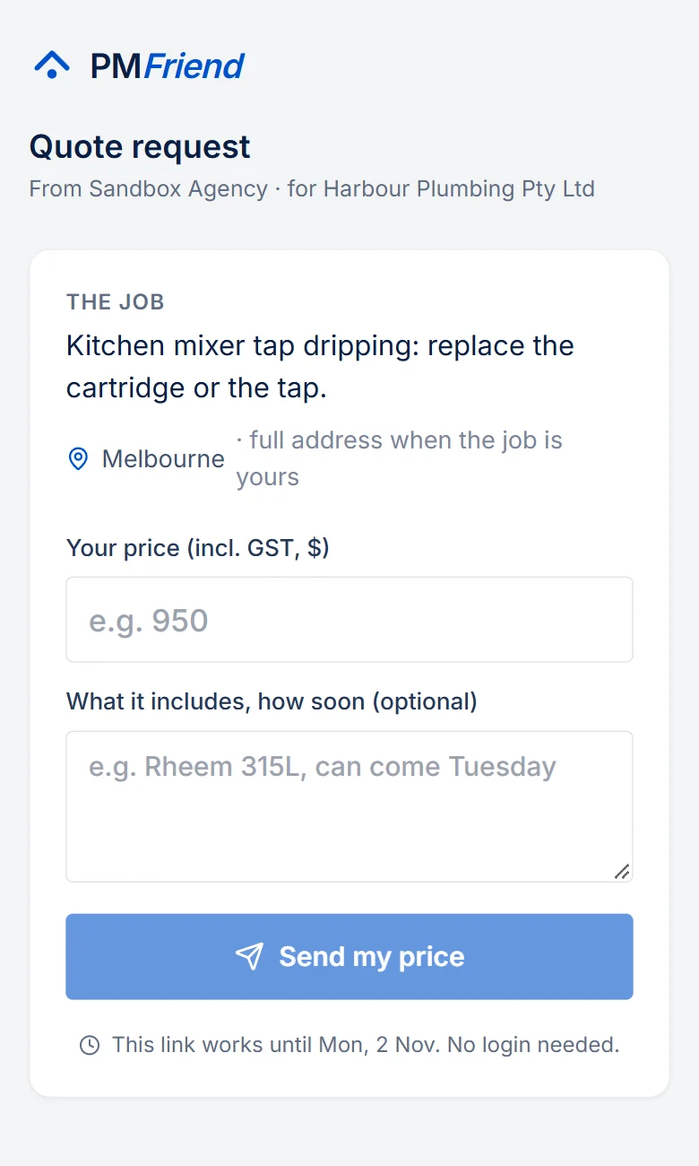 The tradie's quote page on a phone: the job and the suburb only, their price and a note, Send my price