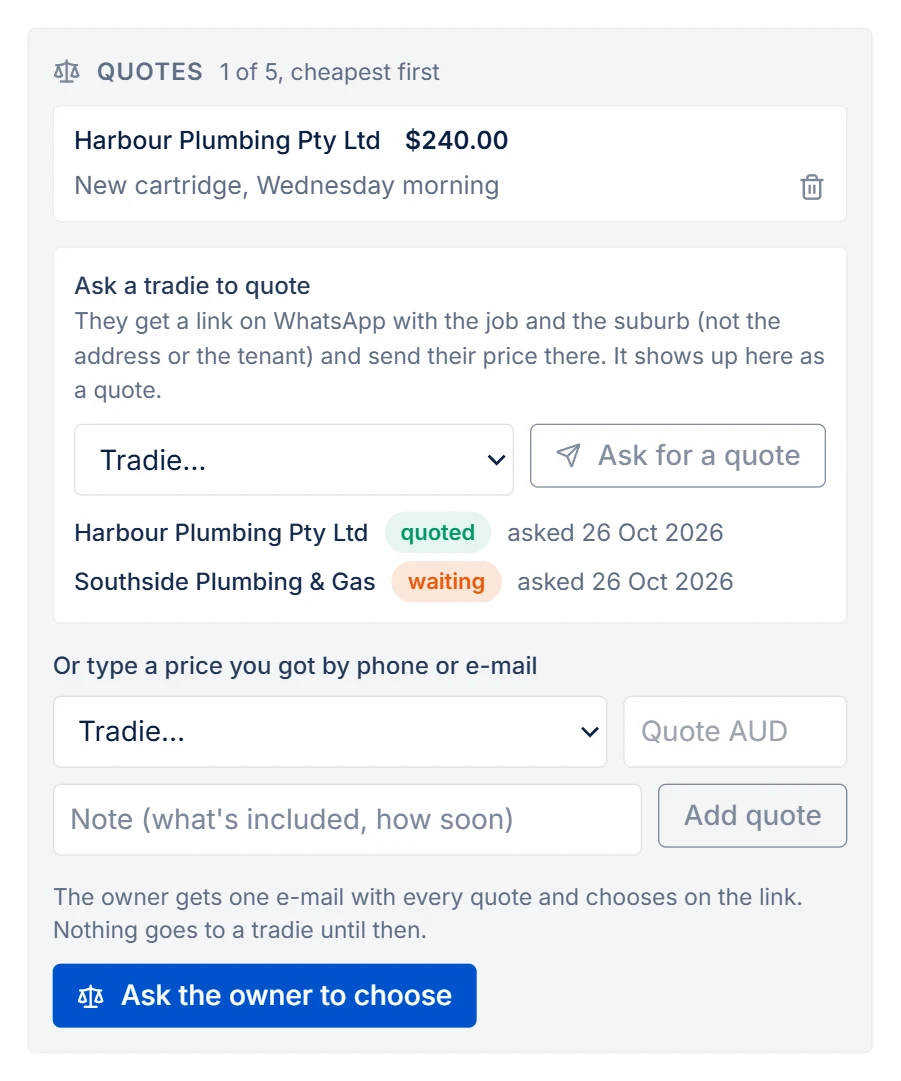 The job's Quotes panel: a tradie's price that came in from their link, who was asked (quoted / waiting), and the form for a price you got by phone